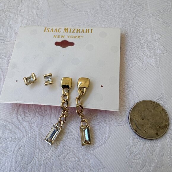 Isaac Mizrahi 4 Pieces CZ Stud & Dangle Goldtone Chain Drop Earrings NEW - Picture 2 of 7